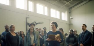Democratic Mass Movement: A low-angle documentary photograph of a diverse group of people standing together in a community center gymnasium. One person stands to speak, holding a worn notebook, while others listen intently among folding chairs and natural light streaming through high windows. The scene conveys quiet determination and the seriousness of grassroots civic assembly.