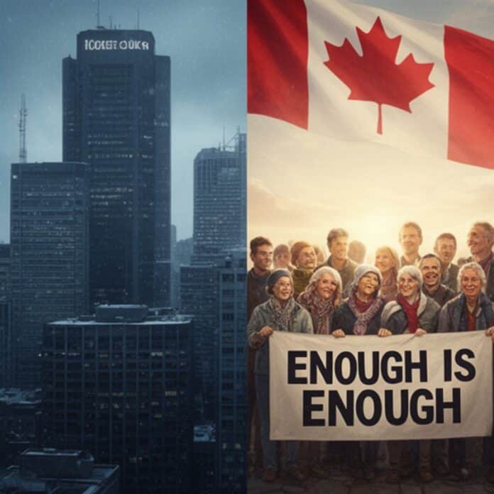 A symbolic illustration showing a fractured Canadian flag, with one side showing corporate skyscrapers and bank towers, and the other side showing a diverse group of citizens holding a banner that reads
