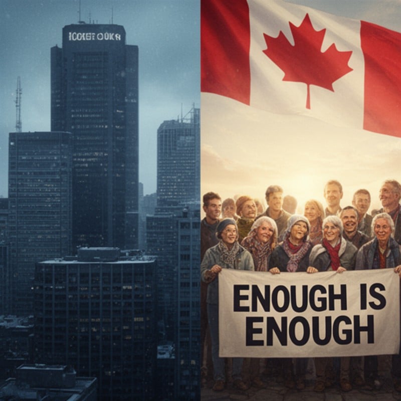Enough Is Enough series: fractured Canadian flag with corporate towers on one side and citizens on the other