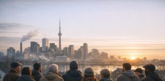 Democratic Mass Movement: A diverse group of ordinary people standing together, facing a city skyline, symbolizing collective democratic action in Canada.