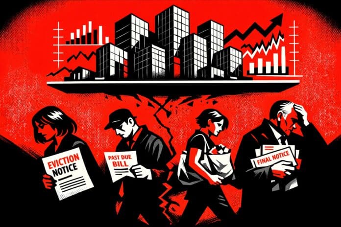 Status Quo: People under economic pressure walking separately beneath stable corporate structures