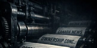 Corporate newsroom machinery symbolizing media ownership and control in Canada.