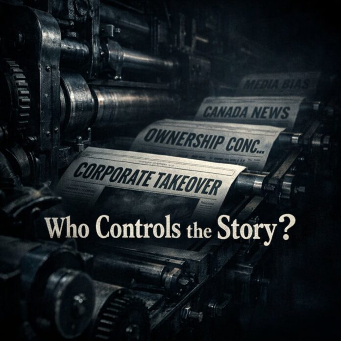 Corporate newsroom machinery symbolizing media ownership and control in Canada.
