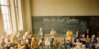 A documentary-style photograph from an elevated angle looking down into a sunlit public hall filled with a diverse crowd of people seated in a large circle. Some stand to speak while others raise their hands to participate. A chalkboard at the front reads "What We Build Together" with ideas being written. The scene conveys dignity, collective purpose, and democratic participation.